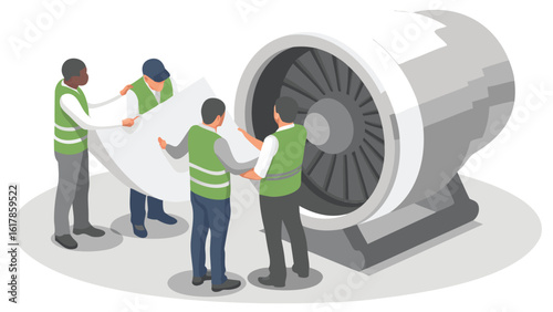 Team of engineers inspecting a large jet engine with technical drawings and safety vests on site together