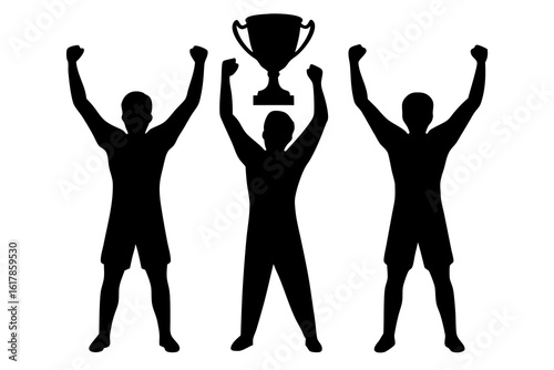 Three silhouetted figures celebrating victory with a trophy