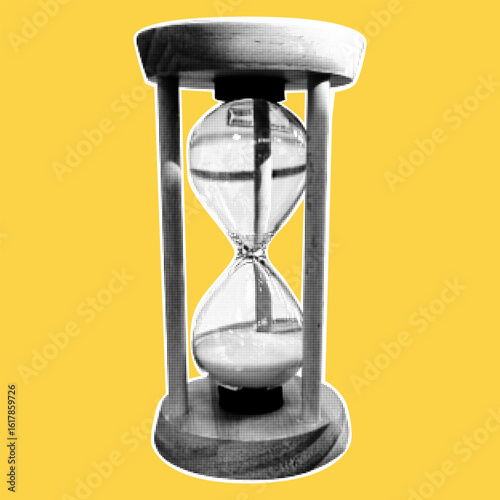 Halftone vintage hourglass collage. Vintage dotted texture. Trendy 90s collage style design element.
