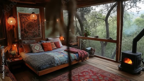 Cozy bedroom in a treehouse with a woodburning stove and forest view