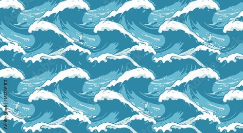 Surfing the Waves: A Seamless Ocean Pattern with Surfers.