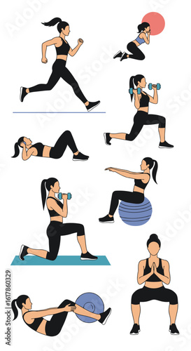 Diverse group of athletic women engaging in various strength training and cardio exercises promoting healthy lifestyles and fitness goals