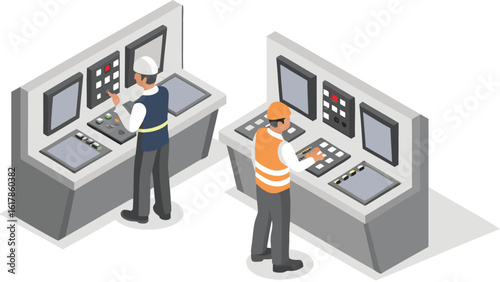 Two workers in hard hats operating control panels with screens and buttons in an isometric view