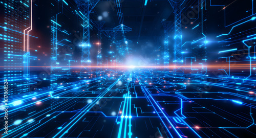 Abstract Futuristic Digital Network. Glowing Blue Data Lines and Light Stream. Technology and Cyberspace Background.