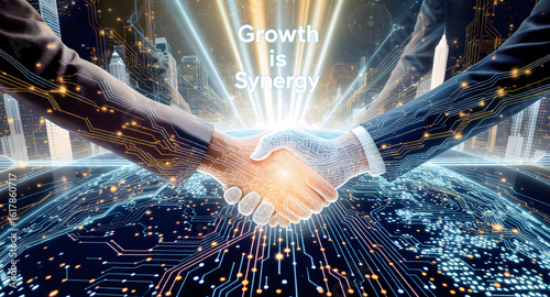 Global Business Partnership & Tech Synergy: Digital Handshake for Collaborative Growth