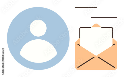 Simple graphic of a circular user profile and open email envelope with flying lines. Ideal for communication, networking, messaging, teamwork, notifications, productivity, simple flat metaphor