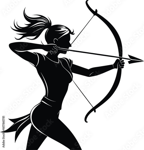 Elegant woman archer aiming a bow and arrow at a target, a striking silhouette for sport and competition with