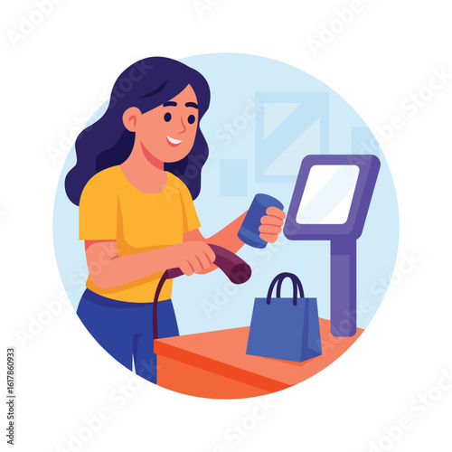 Woman Scanning Item at Self Checkout Counter, premium vector