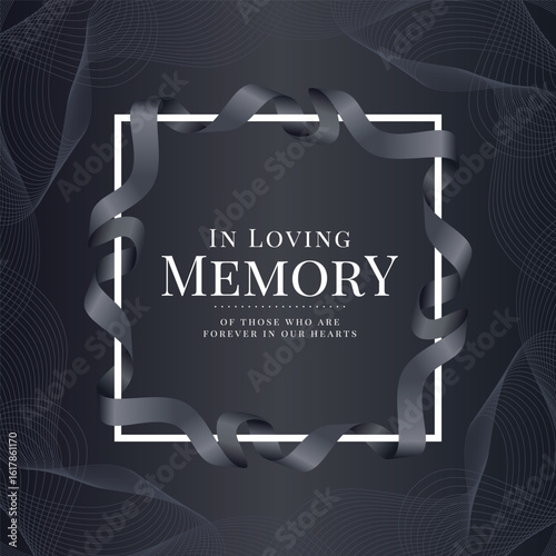 In loving memory of those who are forever in our hearts text in white frame with black ribbon rolling cross around on abstract blending line curve texture dark background vector design