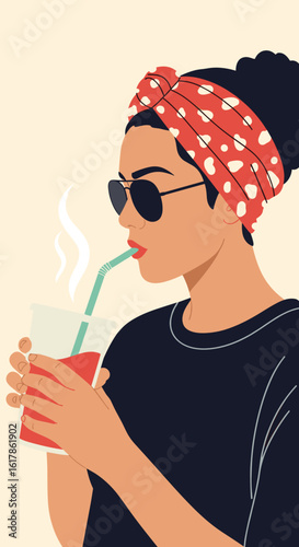 Stylish woman enjoys a refreshing beverage under the warm sun wearing sunglasses and a colorful headband