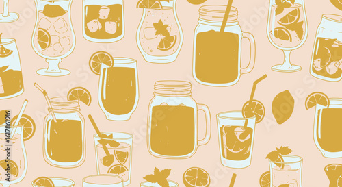 Refreshing Summer Drinks Pattern with Citrus Fruits and Ice Cubes in Various Glassware.
