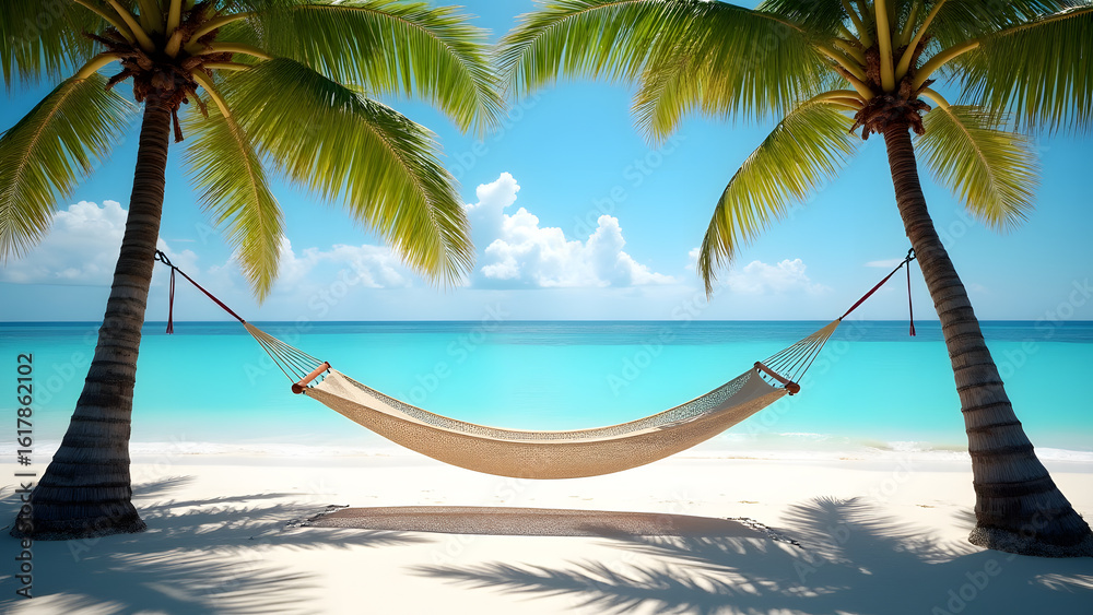 Fototapeta premium Tropical Hammock Between Palm Trees on a Pristine Beach