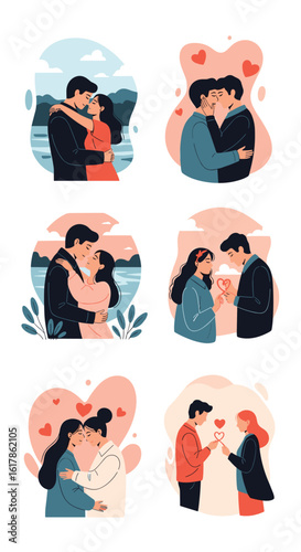 Romantic moments capturing love and connection between couples in affectionate embraces and tender gestures