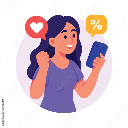 Happy woman receiving discount offer on phone app, happy customer character illustration