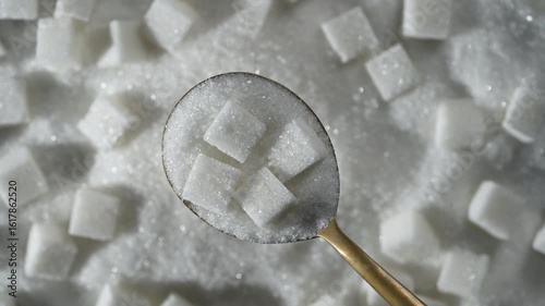 White granulated sugar in spoon in the background pile sugar cubes, top view, close up, rotates. The concept of unhealthy eating, obesity, heart disease, diabetes
