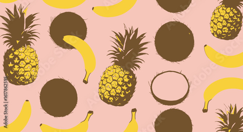 Tropical Fruit Pattern with Pineapples Coconuts and Bananas on Pink Background.