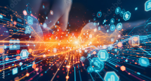 Human Hand Interacting with Glowing Digital Network, Data Flow, and Futuristic Technology Connections