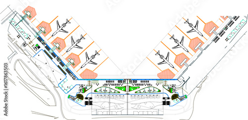 Vector sketch illustration of architectural engineering design drawing of site plan layout of airport building detail with parked planes