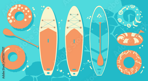 Paddleboards and Inflatable Rings Floating on Water Summer Fun Illustration.