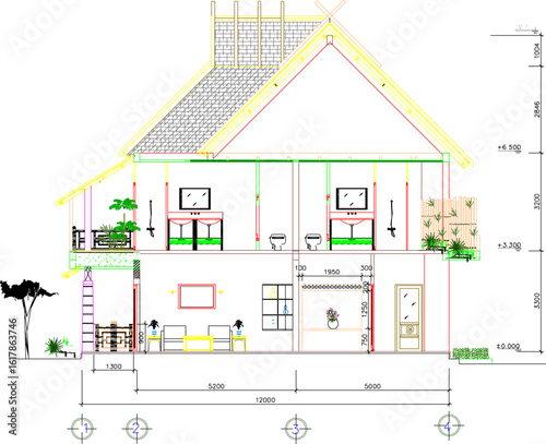 Vector sketch illustration of architectural engineering design drawing, site plan layout, facade section view, classic, vintage, ethnic, traditional, modern, multi-storey residential house 