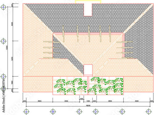 Vector sketch illustration of architectural engineering design drawing, site plan layout, facade section view, classic, vintage, ethnic, traditional, modern, multi-storey residential house