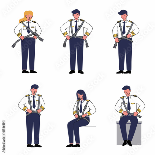 Airline Pilots Fastening Seatbelts Illustration Set. Diverse male and female flight crew demonstrate seatbelt use for aviation safety and cockpit operations.