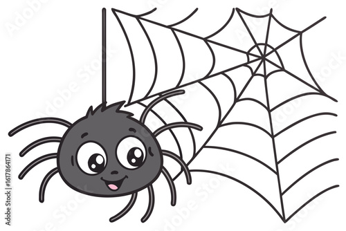 Cute cartoon spider hanging on a web halloween
