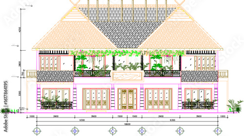 Vector sketch illustration of architectural engineering design drawing, site plan layout, facade section view, classic, vintage, ethnic, traditional, modern, multi-storey residential house