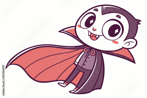 Cute cartoon vampire child with red cape and fangs
