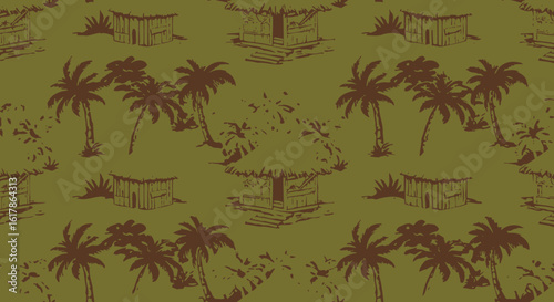 Tropical Hut and Palm Tree Pattern in Earthy Tones Seamless Design.