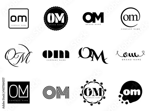 OM logo company template. Letter o and m logotype. Set different classic serif lettering and modern bold text with design elements. Initial font typography.
