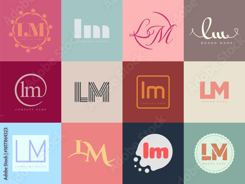 LM logo company template. Letter l and m logotype. Set different classic serif lettering and modern bold text with design elements. Initial font typography.