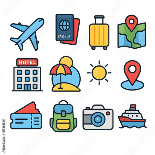 Travel and Vacation Icon Set in Flat Vector Style