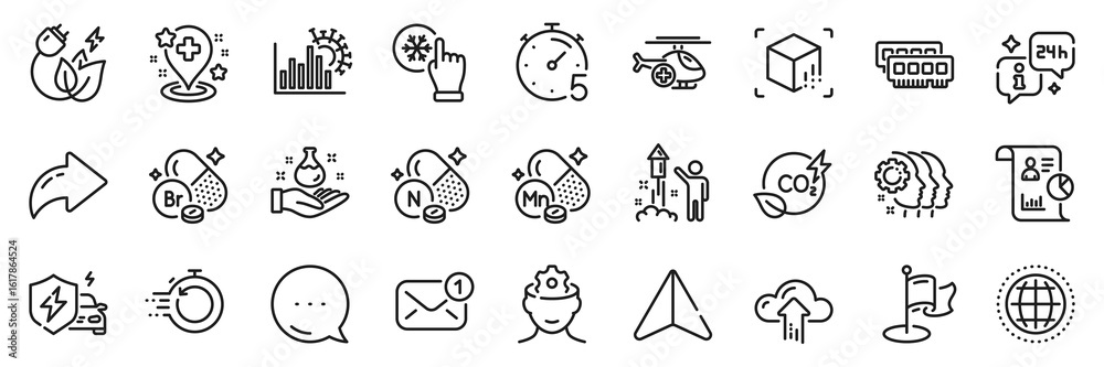 Fototapeta premium Bromine mineral, Green energy and Fireworks line icons pack. Share, Message, Paper plane icons. Manganese mineral, Fast recovery, Ram web icon. Vector