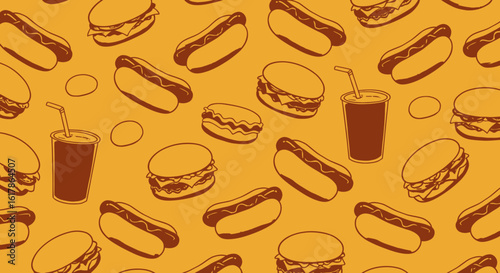 Seamless Pattern of Hand-Drawn Fast Food Items on Yellow Background.