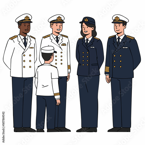 Diverse Group of Professional Maritime Officers and Cadet in Uniforms Illustration