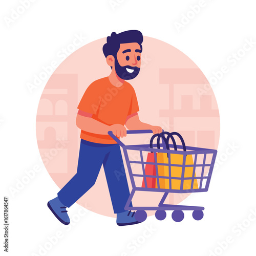 A man pushing a cart filled with shopping bags through store
