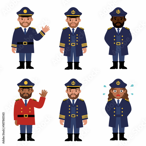 Collection of diverse cartoon naval officers and maritime crew members in uniform, depicting various poses and emotions, isolated on a white background.