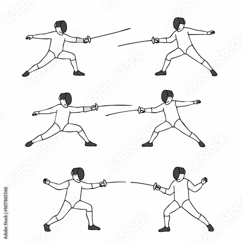Set of minimalist illustrations depicting fencers in various dynamic poses, engaged in combat with swords, suitable for sports and competition themes.