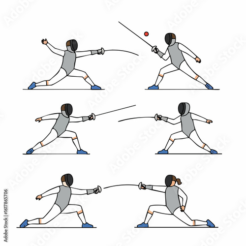 Dynamic Fencing Poses Illustration Set: Athletes in Action with Swords and Protective Gear