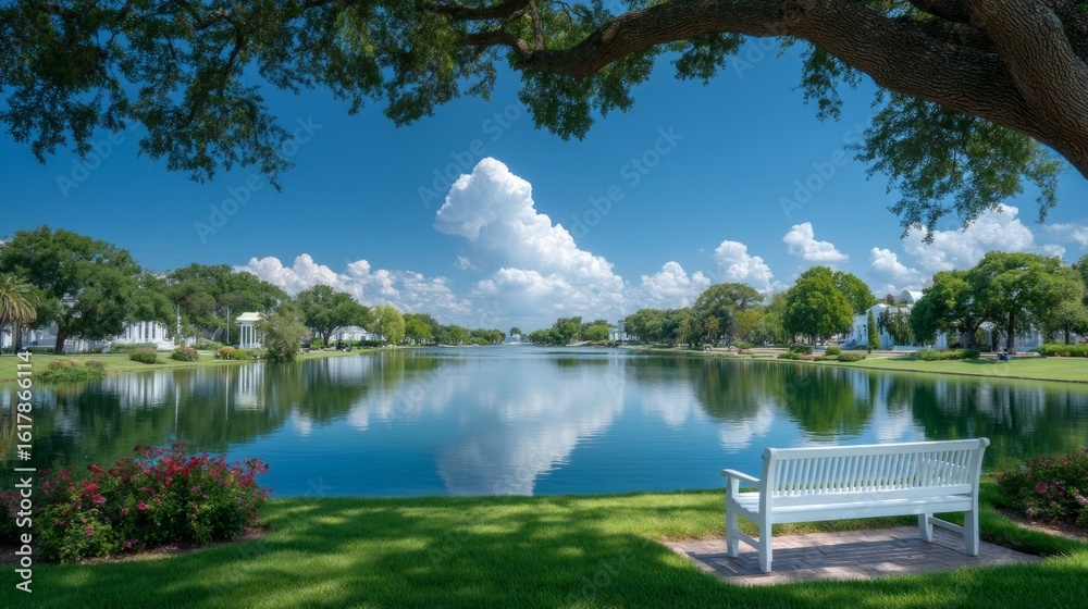 Fototapeta premium Peaceful Lake Scene with Clear Blue Sky and Lush Greenery