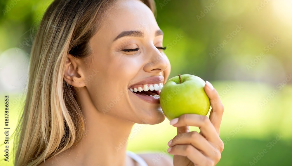 Woman enjoying green apple outdoors Woman enjoying green apple outdoors