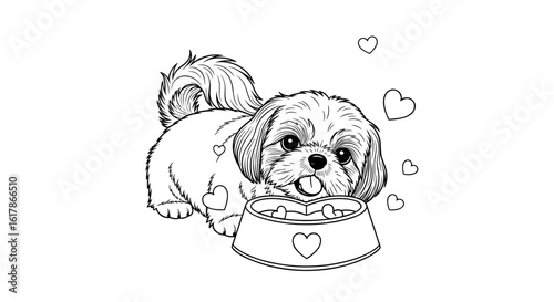 Shih Tzu dog happily eating from a heart-themed food bowl in black and white illustration for pet affection