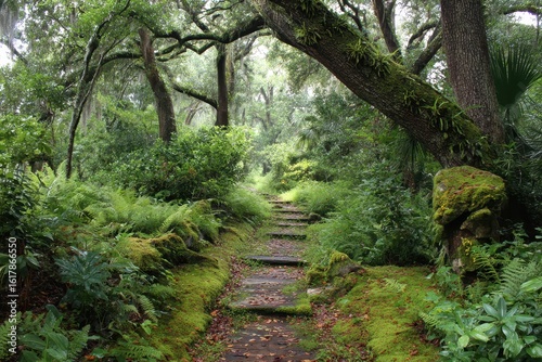 Nature Trail Florida. Lush Green Ferns and Moss Along a Leafy Hiking Path