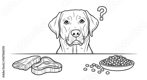 Labrador Retriever looking confused between raw meat and kibble options – split decision scene