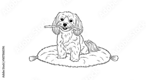 Maltese dog sitting on a fluffy cushion with a chew stick in its mouth in black and white illustration