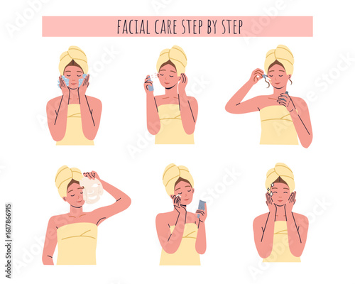 Girl making facial care procedures Process steps infographic. Facial cleaning, mask, moisturizing and makeup removing skincare procedures. Skincare routine step by step. illustration poster education