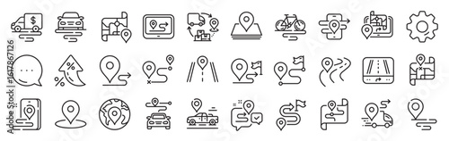 Road map line icons. Settings gear, Message, Inflation icons. Journey path, Route map and Trip distance. GPS street pin, Car route and Distance flag icons. Vector