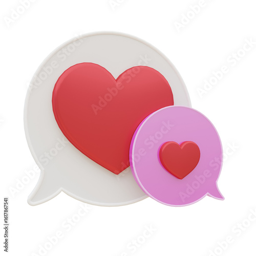 3d illustration of red heart lover speech bubble  for online dating icons sign and symbols.3d render.	