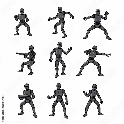 Set of black robot characters in various action poses, including fighting and holding weapons, isolated on a white background.